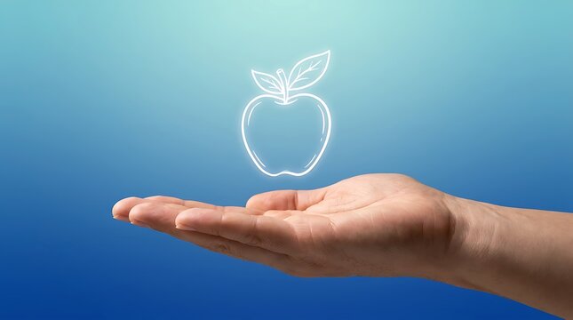 A hand holding a glowing neon outline of an apple against a blue gradient background with background representing healthy holds floating glowing