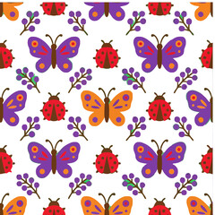 Fototapeta premium Seamless pattern of cartoon butterflies and ladybugs
