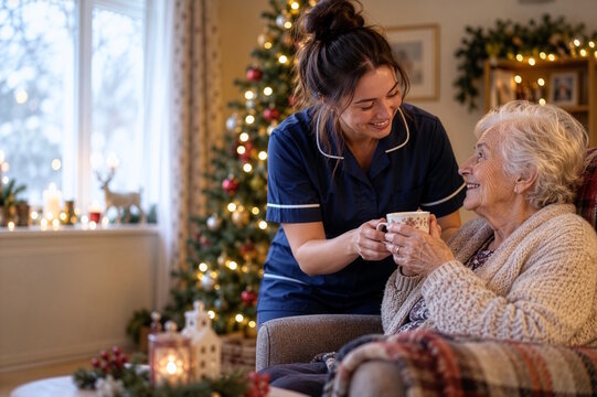 Caregiver serving warm drink to elderly woman at Christmas, senior care, companionship and holiday support concept