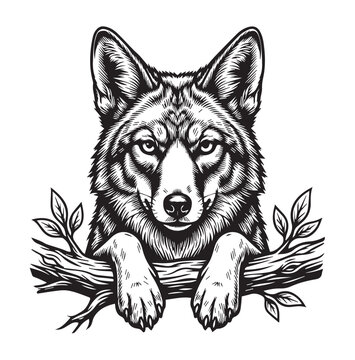 Black and white line art engraving of a wolf resting its paws on a tree branch