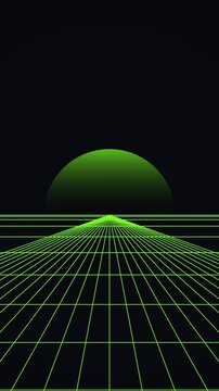 Retro Futuristic 80s Cyberpunk Grid Landscape With Glowing Green Sun and Horizon Animation