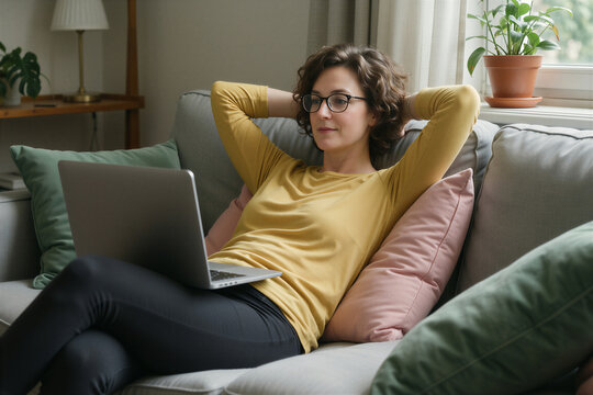 Woman relaxing on couch with laptop, embodying mental health and work-life balance in a cozy setting.