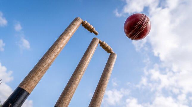 Low angle perspective looking up at cricket stumps flying after hit against the sky