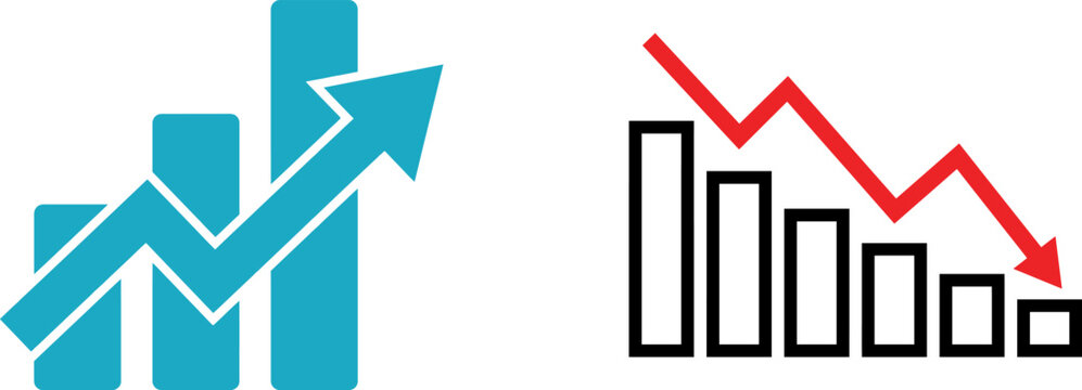 Business growth and decline bar charts showing financial success and economic recession with upward and downward arrows