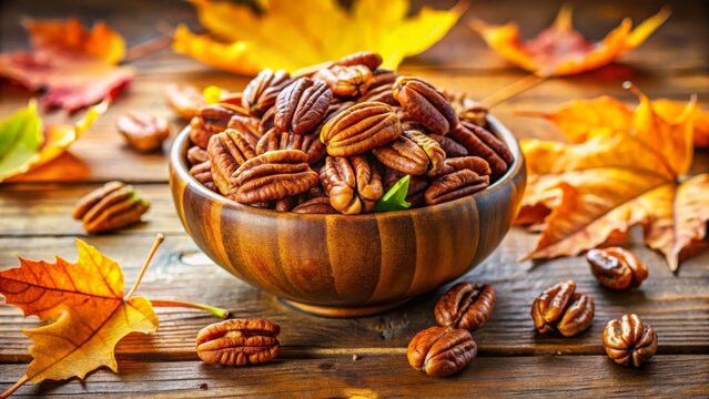 A Bountiful Bowl of Pecans Nestled Among Autumn Leaves, a Rustic Still Life Featuring the Warm Hues of Fall and the Deliciousness of Nature's Harvest.