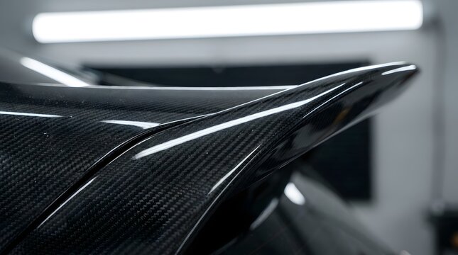 Carbon fiber racing car spoiler with glossy finish showcasing aerodynamic design in studio lighting