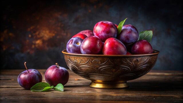 A rustic bowl brimming with plump, ripe plums, their vibrant hues a testament to nature's bounty, rests on a dark wooden surface, complemented by two additional plums and lush green leaves