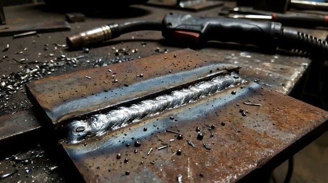 Metalworker creating precision weld bead on thick steel plate in industrial workshop with visible spatter