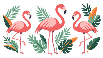 Obraz premium Tropical flamingos with palm leaves on white background for design.