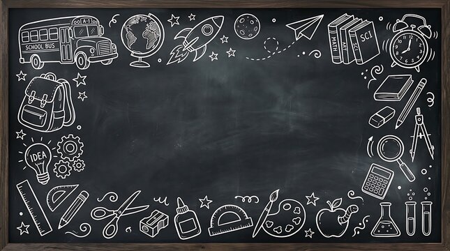 School supplies and education icons drawn with chalk on a black board