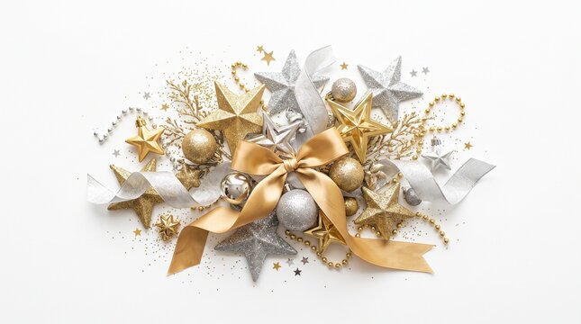 Elegant Gold and Silver Christmas Ornaments Stars and Bow on White Background