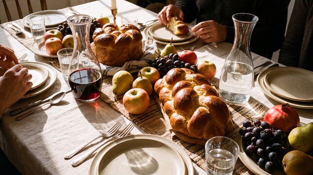 Table set with braided challah, seasonal fruit and wine on a warm tablecloth, sunlight and glassware evoking a cozy family celebration, harvest meal and hospitality