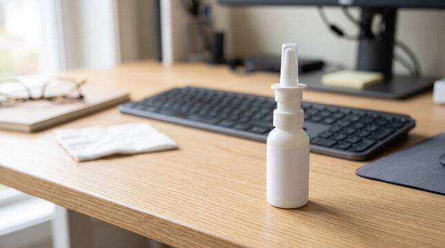 A white bottle of nose spray near keyboard on a wooden desk for workplace health
