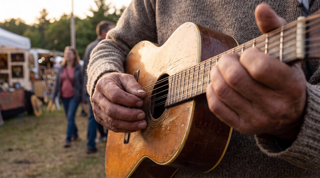 Older hands playing a string instrument, symbolizing entertainment, skill, and performance at a casual outdoor gathering or festival for music and culture