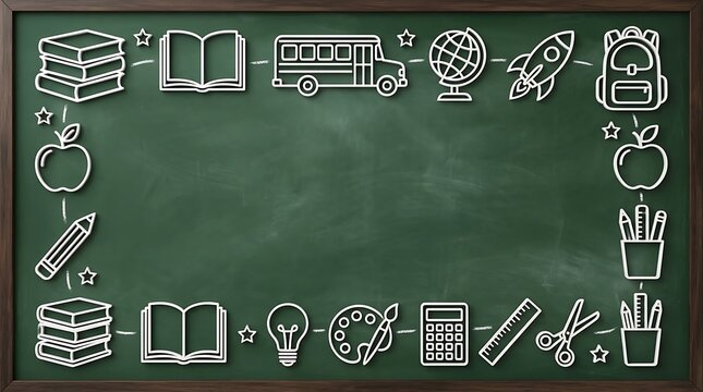 School supplies icons border frame drawn in white chalk on a black blackboard