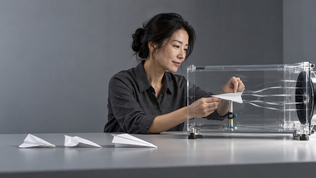 Woman testing paper airplane in transparent wind tunnel, aerodynamics research, engineering experiment, airflow analysis and product development concept.