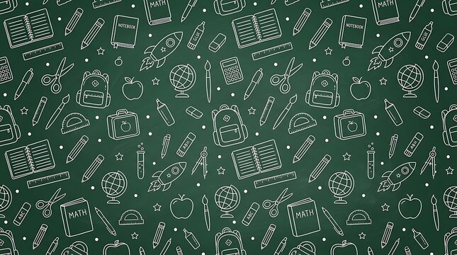 Seamless pattern with hand drawn school supplies on a dark chalkboard background
