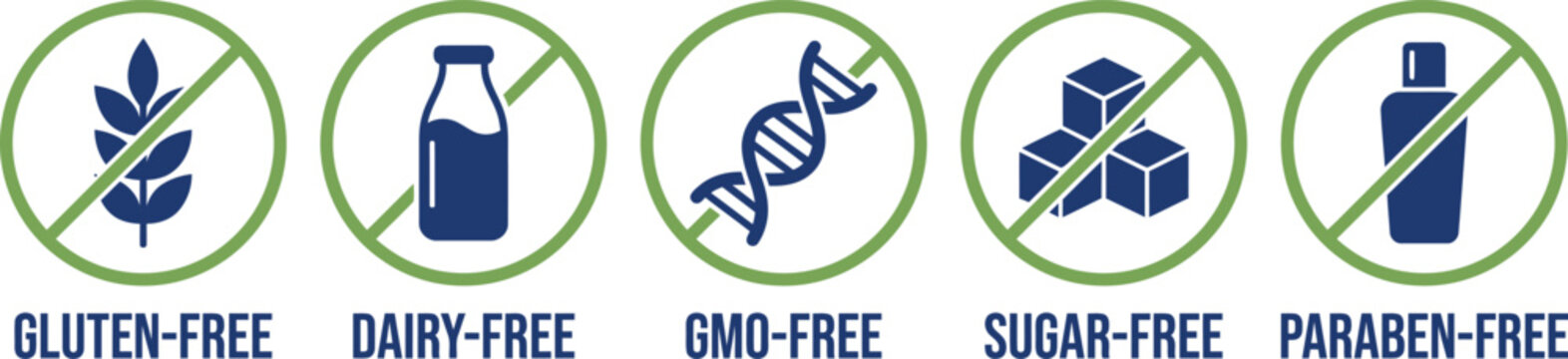 Set of dietary restriction icons including gluten free dairy free gmo free sugar free and paraben free labels