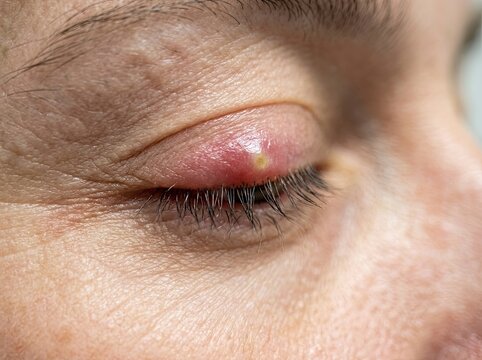 Close-up of Swollen Eyelid with Redness and Discomfort.