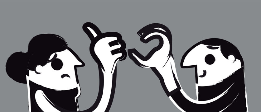 young man making a love gesture while woman responds with a friendzone gesture