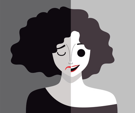 bipolar woman showing contrasting gestures of happiness and sadness