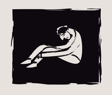 sad depressed man confined in isolation sketch