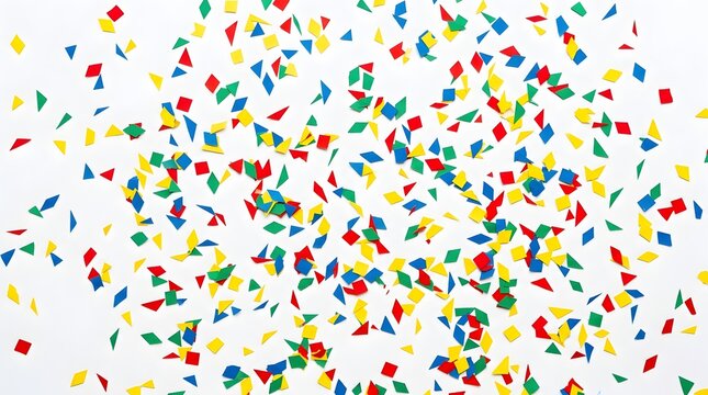 Colorful paper confetti on white background. Vibrant festive party confetti pieces. Scattered primary color paper scraps for celebration.