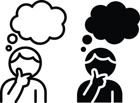 Thinking Person Icon Set with Thought Bubbles in Black and White Minimalist Vector Style