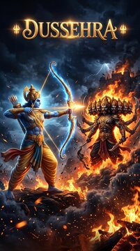 Lord Rama aiming a glowing bow at the ten-headed demon king Ravana during the Dussehra festival
