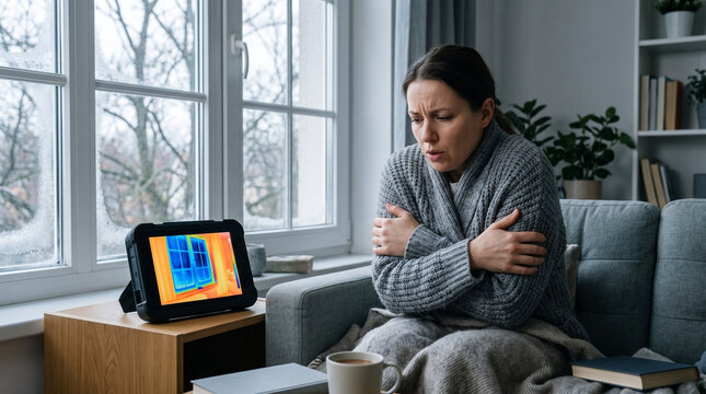 Cold woman wrapped in a blanket looking at a tablet showing a Thermal image of heated wall indoors