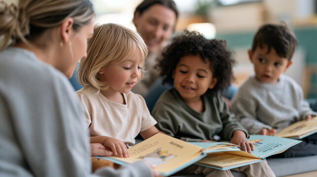 A kindergarten reading group with four students and a teaching assistant gathered on a low bench, each child holding an identical early reader booklet, guided reading group