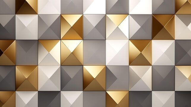 Abstract geometric pattern of metallic triangles with gold silver and bronze tones in a modern design setting