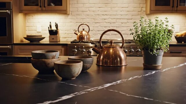 Copper kettle and bowls on a kitchen island with white brick wall and wooden cabinets