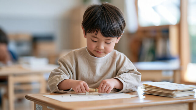 Young Japanese boy at a low kindergarten table, methodically peeling the paper wrapper off a worn-down crayon, dozens of finished drawings stacked beside him, soft classroom light