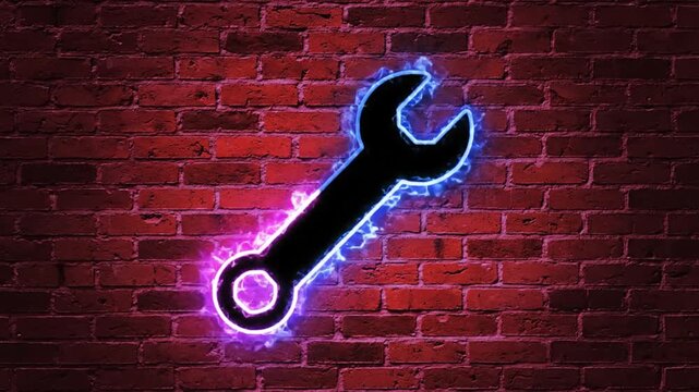 Neon wrench silhouette on red brick wall with electric glowing energy around the edges for repair and maintenance