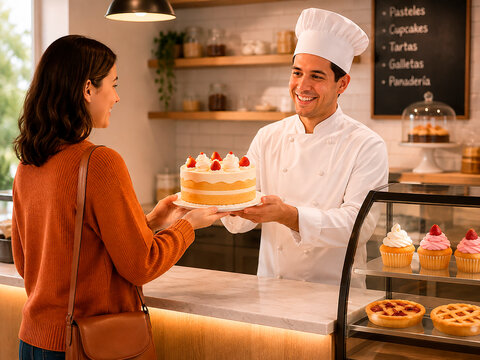Male baker in white chef uniform and hat handing decorated cake to female customer at bakery counter with pastries such as cupcakes and pies displayed, symbolizing tradition, service, and artisanal fo