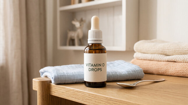Liquid supplement dropper shown as a Vitamin D bottle on shelf with folded towels in a bathroom
