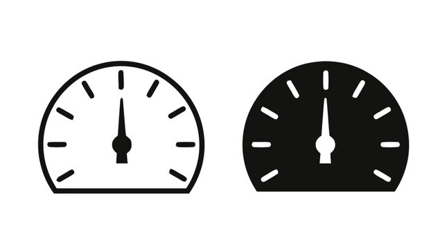 Vector illustration of speedometer gauge icon set in outline and solid style on a transparent background