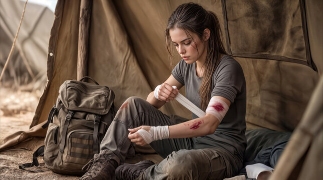 Injured woman applying bandages to wounds while sitting in makeshift tent. Post-apocalyptic survival concept in desert environment.