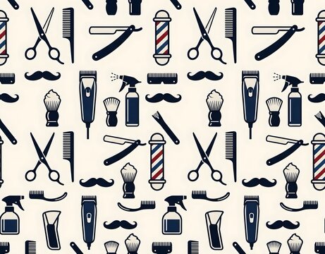 Seamless retro barber shop pattern with scissors, combs, razors, and clippers on a cream background. Perfect for masculine branding and print.