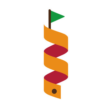 Green flag on pole with swirling orange and red ribbon