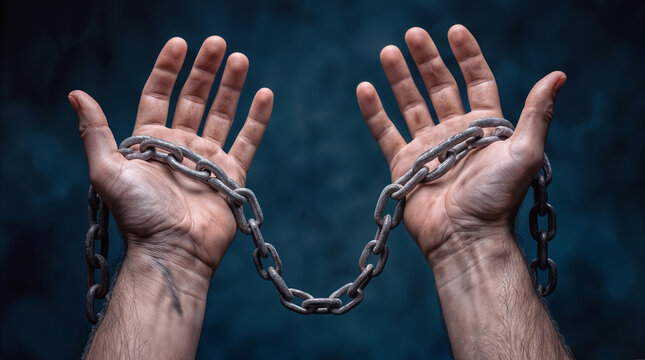 Hairy male hands held up with heavy metal chains wrapped around wrists. Concept of captivity, struggle, and limitation in dark moody atmosphere.