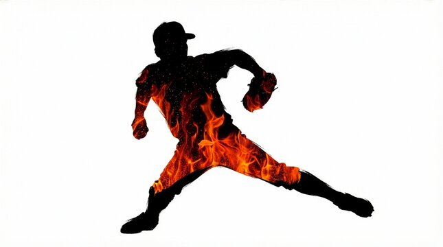Silhouette of a baseball pitcher with fire texture