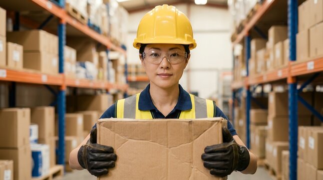 Warehouse worker demonstrating proper two-handed lifting technique with cardboard box in industrial storage facility