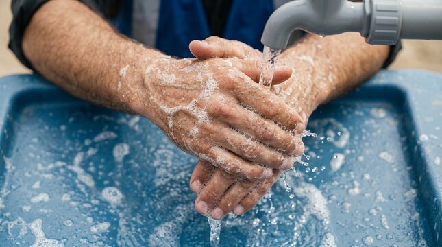 Healthcare professional washing hands thoroughly under running water in clinical setting with soap suds