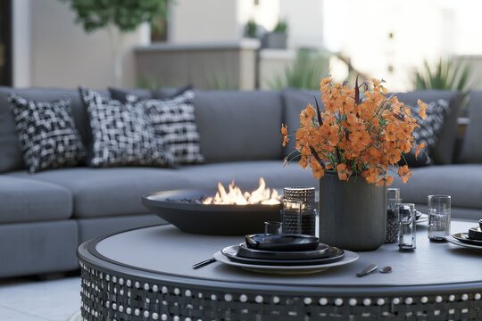 Backyard patio with a fire pit lounge alongside refined modern aesthetic, foreground detail leading into the scene.