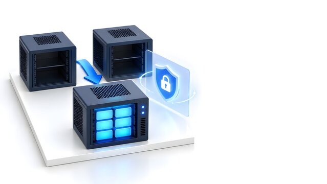 Data consolidation concept showing two server towers transferring information to a central database unit protected by a glowing digital security shield