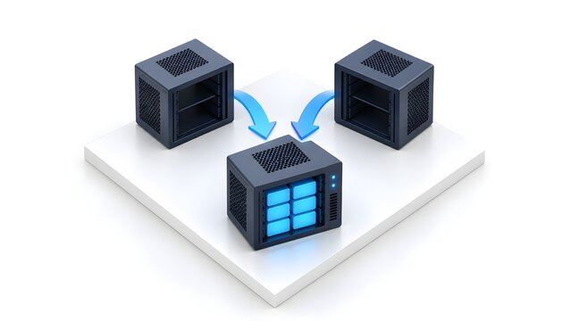 Data consolidation and network backup concept featuring multiple server towers transferring information to a central storage unit via glowing blue arrows