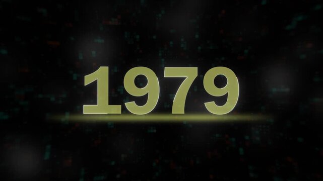 vintage 1979 golden text animation on black background. cinematic 1979 text graphic for historical video projects.