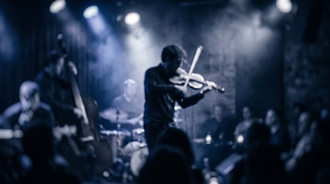Captivating live violin performance under dramatic blue lights, showcasing musical talent and a vibrant cultural experience